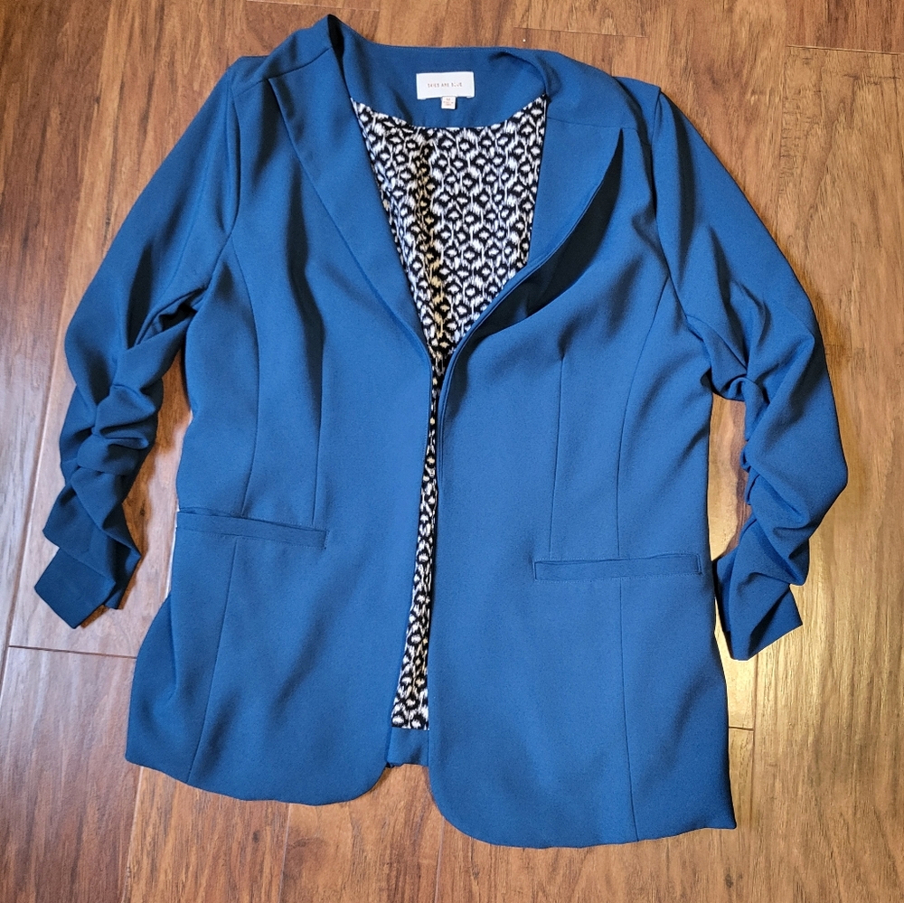 Skies Are Blue Raja Collerless Double Breast Open Front Blazer Teal Medi…